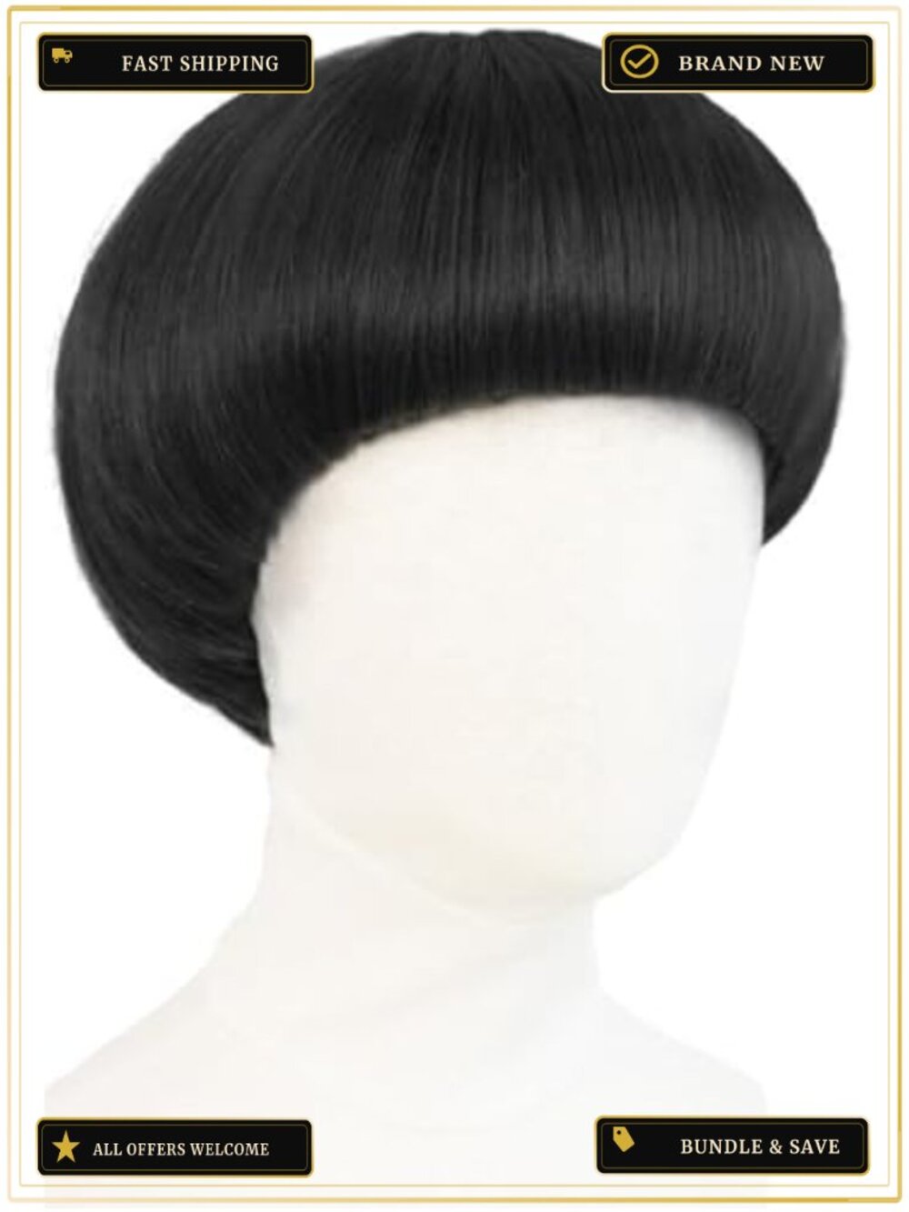 Men's Black Bowl Cut Wig Short Straight Synthetic Cosplay Wig with Bangs and Cap